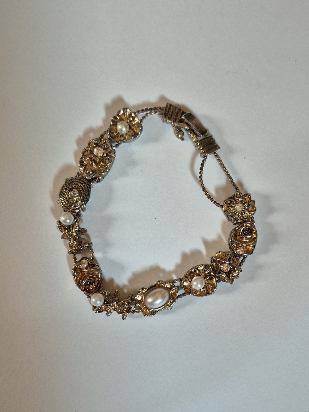 Vintage Gold-Tone Pearl Floral Bracelet - Women Jewelry